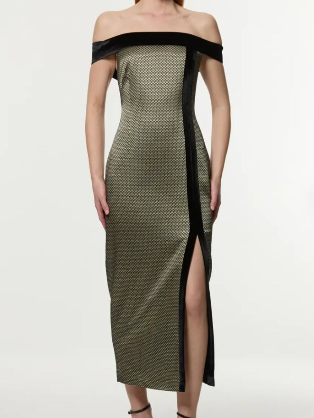 Geo jacquard velvet mix tailored bardot midi dress